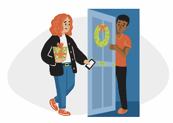 Illustration of a woman holding a wrapped gift at a wreath-decorated door, greeted by a man opening it