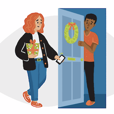 Illustration of a woman holding a wrapped gift at a wreath-decorated door, greeted by a man opening it