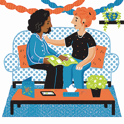 Illustration of two women sitting together on a polka-dot sofa looking at a book, with paper-chain garlands and a plant in the background