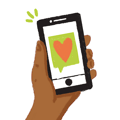 Illustration of a hand holding a phone that displays an orange heart inside a green speech bubble