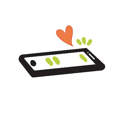 Illustration of a smartphone with green speech-bubble marks on its screen and an orange heart floating above it
