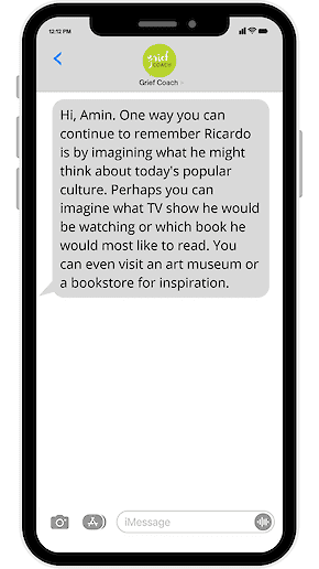 Smartphone showing a Grief Coach text message suggesting ways to keep remembering a person who died
