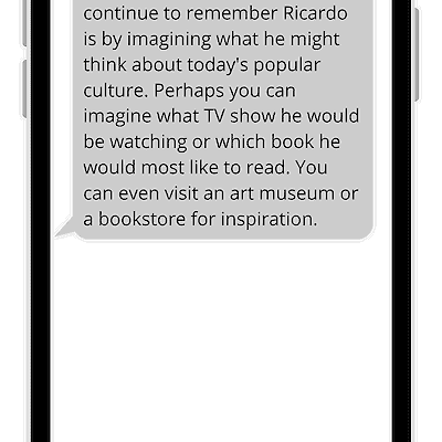 Smartphone showing a Grief Coach text message suggesting ways to keep remembering a person who died