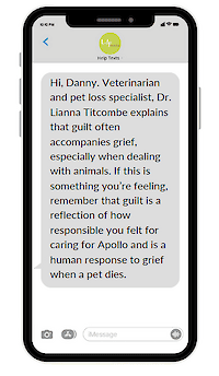 Smartphone showing a Help Texts message reassuring a grieving pet owner that guilt is a normal response to a pet's death