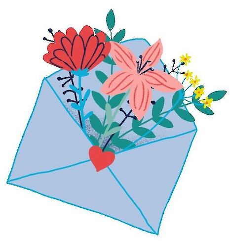 Illustration of an open blue envelope with flowers and a heart blooming out of it