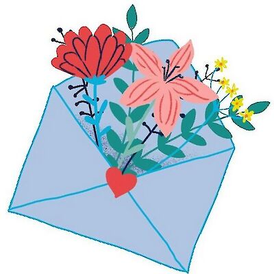 Illustration of an open blue envelope with flowers and a heart blooming out of it