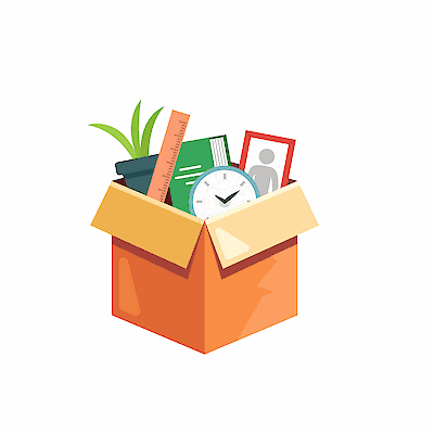 Illustration of a cardboard box packed with desk belongings — a plant, clock, ruler, books, and framed photo