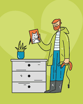 Illustration of a man holding a framed photo of his cat while holding an empty leash