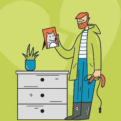 Illustration of a man holding a framed photo of his cat while holding an empty leash