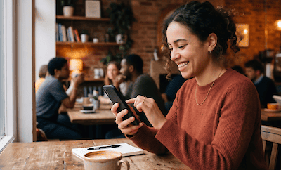 A smiling woman in a caf&eacute; looks at her phone