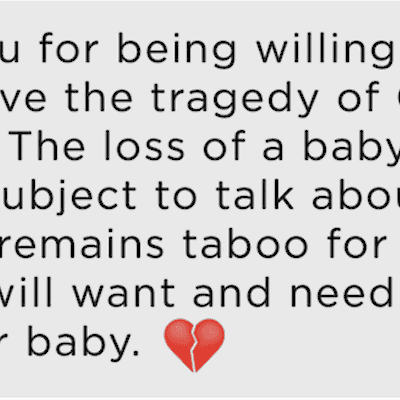 Text-message graphic reading: 'Thank you for being willing to help Sue survive the tragedy of Grace's stillbirth. The loss of a baby is a difficult subject to talk about, which is why it remains taboo for many, but Sue will want and need to talk about her baby.' followed by a broken-heart emoji
