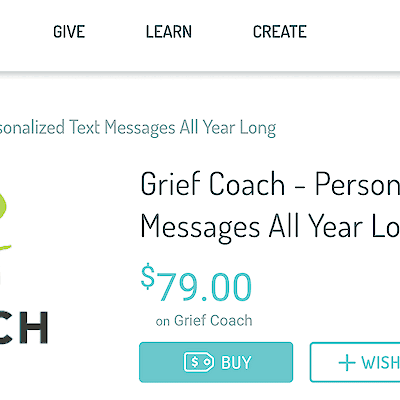 Screenshot of the GiveInKind website listing Grief Coach's "Personalized Text Messages All Year Long"
for $79