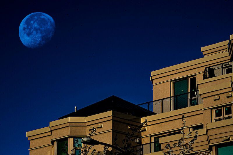 An almost-full moon glowing in a deep blue sky above a modern apartment building at dusk