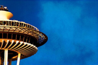 Photos of the observation deck of the Space Needle in Seattle.