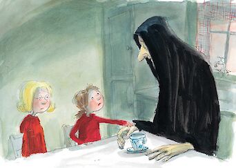 Cover of the book, an illustration with two small children and a tall hooded figure at a table