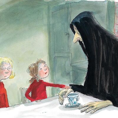 Cover of the book, an illustration with two small children and a tall hooded figure at a table
