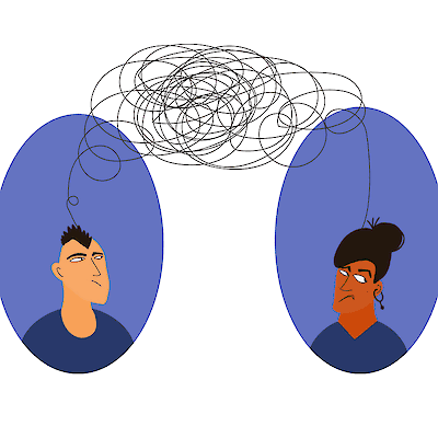 Illustration of two people in separate frames connected by a tangle of scribbled lines between their heads, representing
complicated emotions