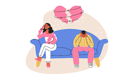 Illustration of a man and woman sitting apart on a couch beneath a broken heart wrapped in barbed wire
