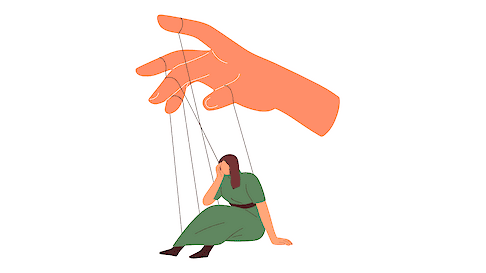 Illustration of a giant hand controlling a seated woman with puppet strings