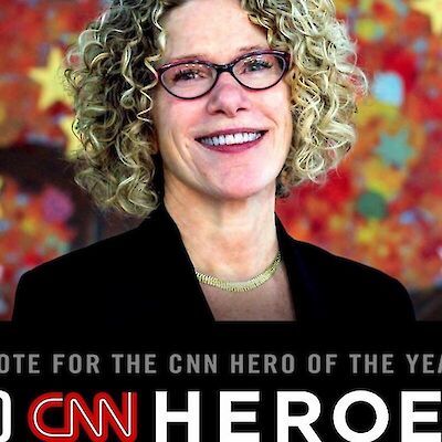 Mary Robinson, smiling in glasses, on a CNN Heroes promotional graphic reading "Vote for the CNN Hero of the Year, Top 10 CNN Heroes"