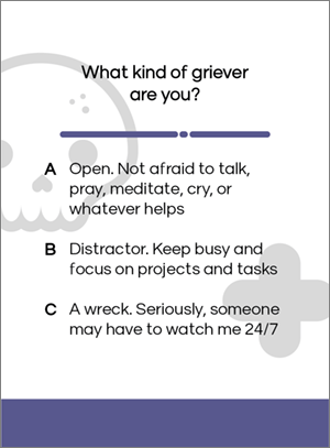 A Death Deck card asking "What kind of griever are you?" with three answer choices: A, open and not afraid to talk; B, a distractor who keeps busy; C, a wreck who needs watching 24/7