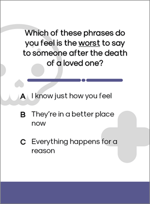 A Death Deck card asking which phrase is the worst to say after a death, with choices: A, "I know just how you feel"; B, "They're in a better place now"; C, "Everything happens for a reason"