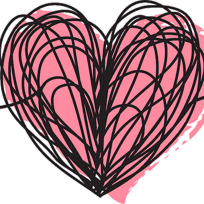 A single continuous line drawing of a tangled heart filled with pink