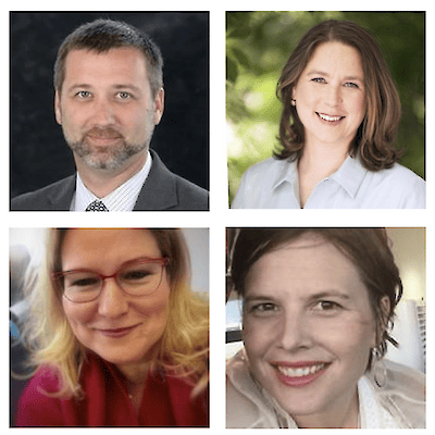 A grid of four smiling headshots of Grief Coach's expert contributors: Andy McNiel, Kelsey Crowe, Michelle Post and Laurel Marlantes