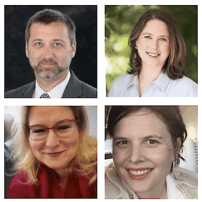 A grid of four smiling headshots of Grief Coach's expert contributors: Andy McNiel, Kelsey Crowe, Michelle Post and Laurel Marlantes