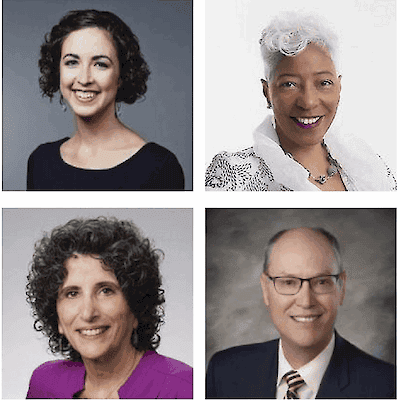 A grid of four smiling headshots of Grief Coach's expert contributors: Katie Hawkins-Gaar, Dora Carpenter, Diane Snyder Cowan and Galen Goben