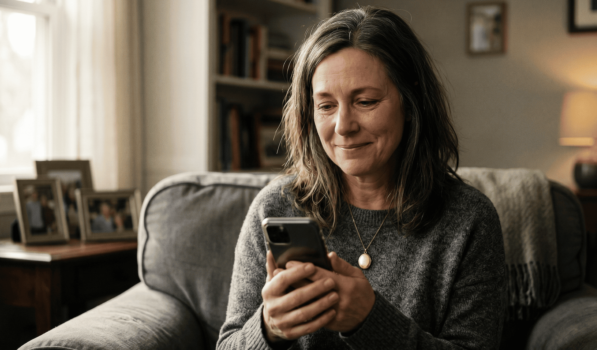 A grieving woman finding comfort on her phone at home