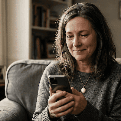 A grieving woman finding comfort on her phone at home