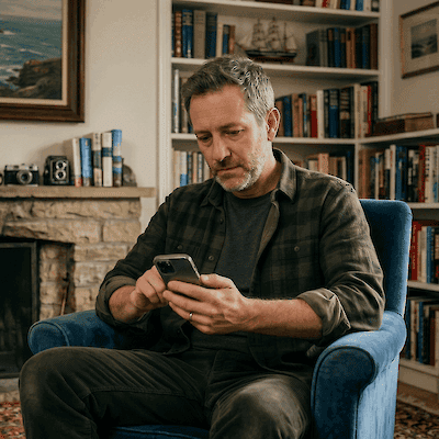 A man sits in an armchair at home reading his phone