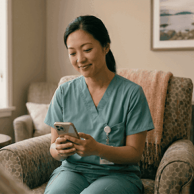 A nurse in scrubs sits in an armchair smiling at her phone