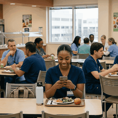 A healthcare worker looks at her phone in a hospital cafeteria
