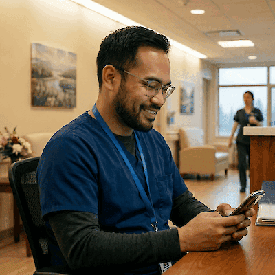 A smiling healthcare worker in scrubs looks at his phone at a reception desk