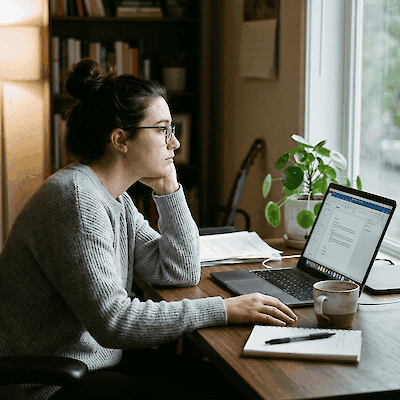 A woman sits at a desk looking pensively at her laptop