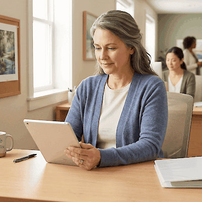 A woman smiles at a tablet while working at an office desk