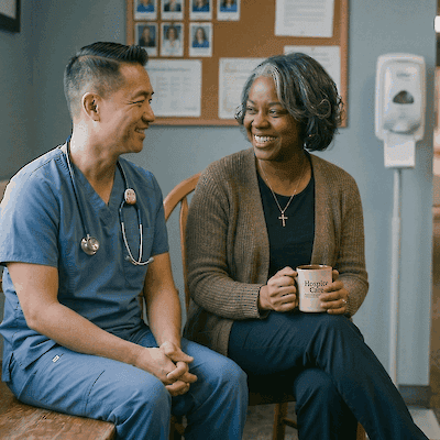 A healthcare worker in scrubs and a woman with coffee smiling in conversation