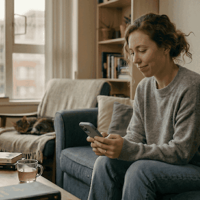 A woman sits on a sofa at home smiling at her phone