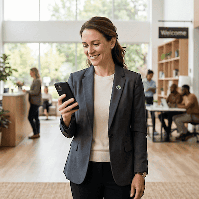 A smiling woman in a blazer looks at her phone in a bright open office