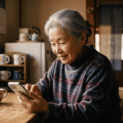 An older woman at a kitchen table smiling at her phone