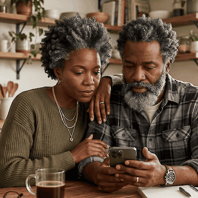 An older couple look at a phone together at a kitchen table, concerned