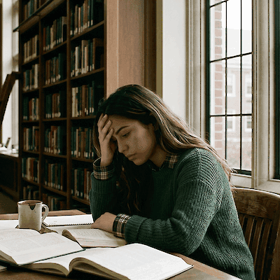 A student rests her head in her hand while studying at a library desk