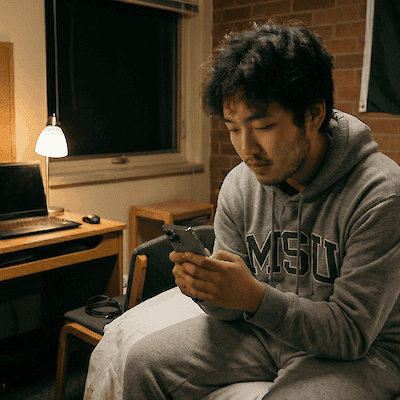 A young man in a dim room looking at his phone