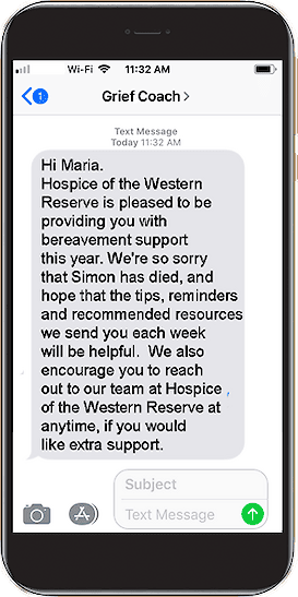 Smartphone screenshot of a sample Grief Coach text message from Hospice of the Western Reserve, offering weekly bereavement support
