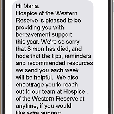 Smartphone screenshot of a sample Grief Coach text message from Hospice of the Western Reserve, offering weekly bereavement support