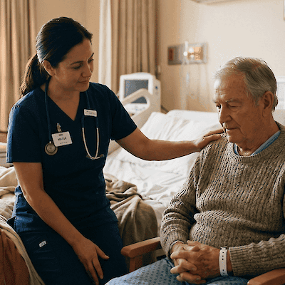 A nurse rests a hand on the shoulder of an older male patient in a hospital bed