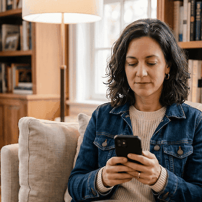 A woman in a denim jacket sits on a sofa looking at her phone