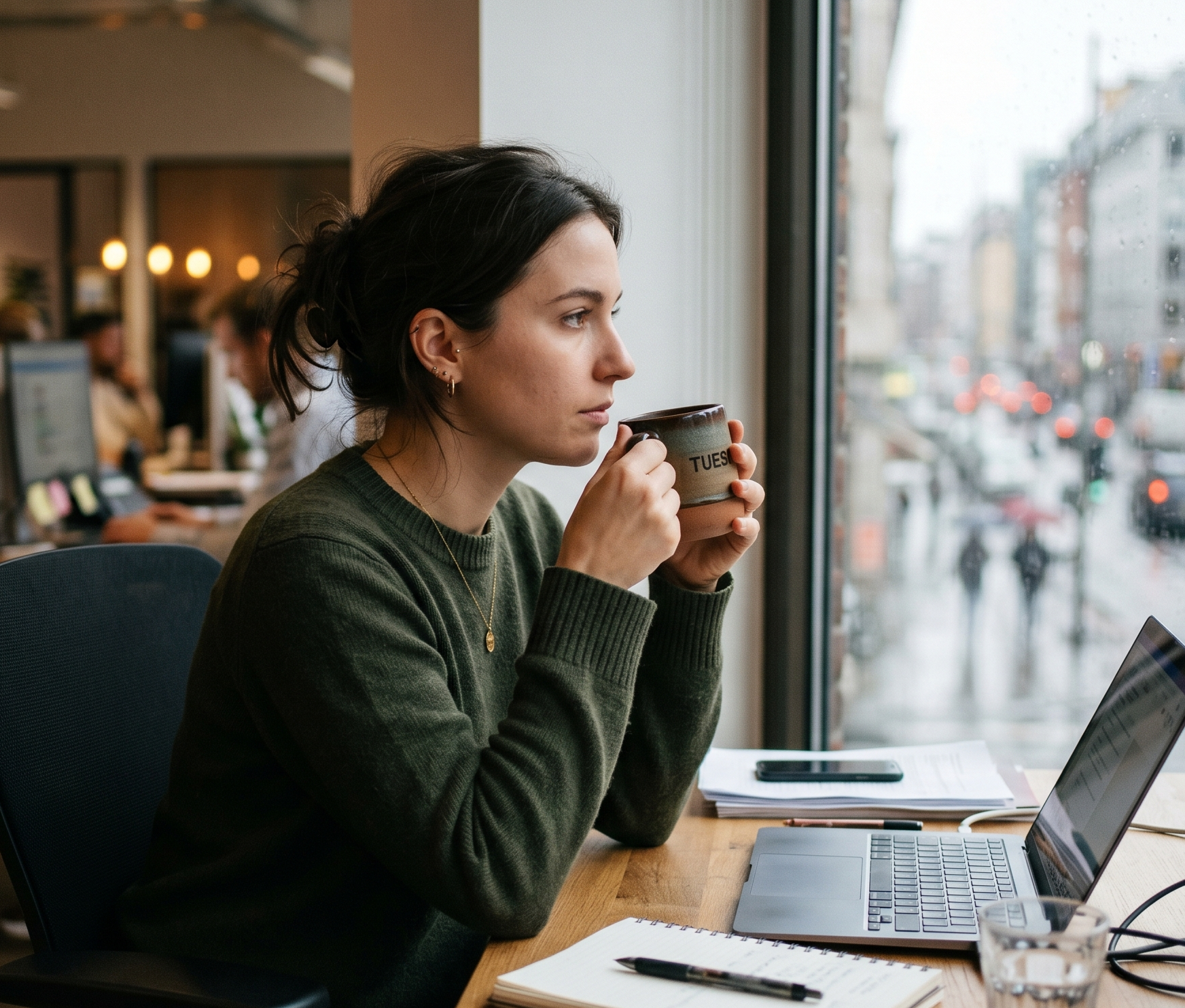 A woman drinking coffee